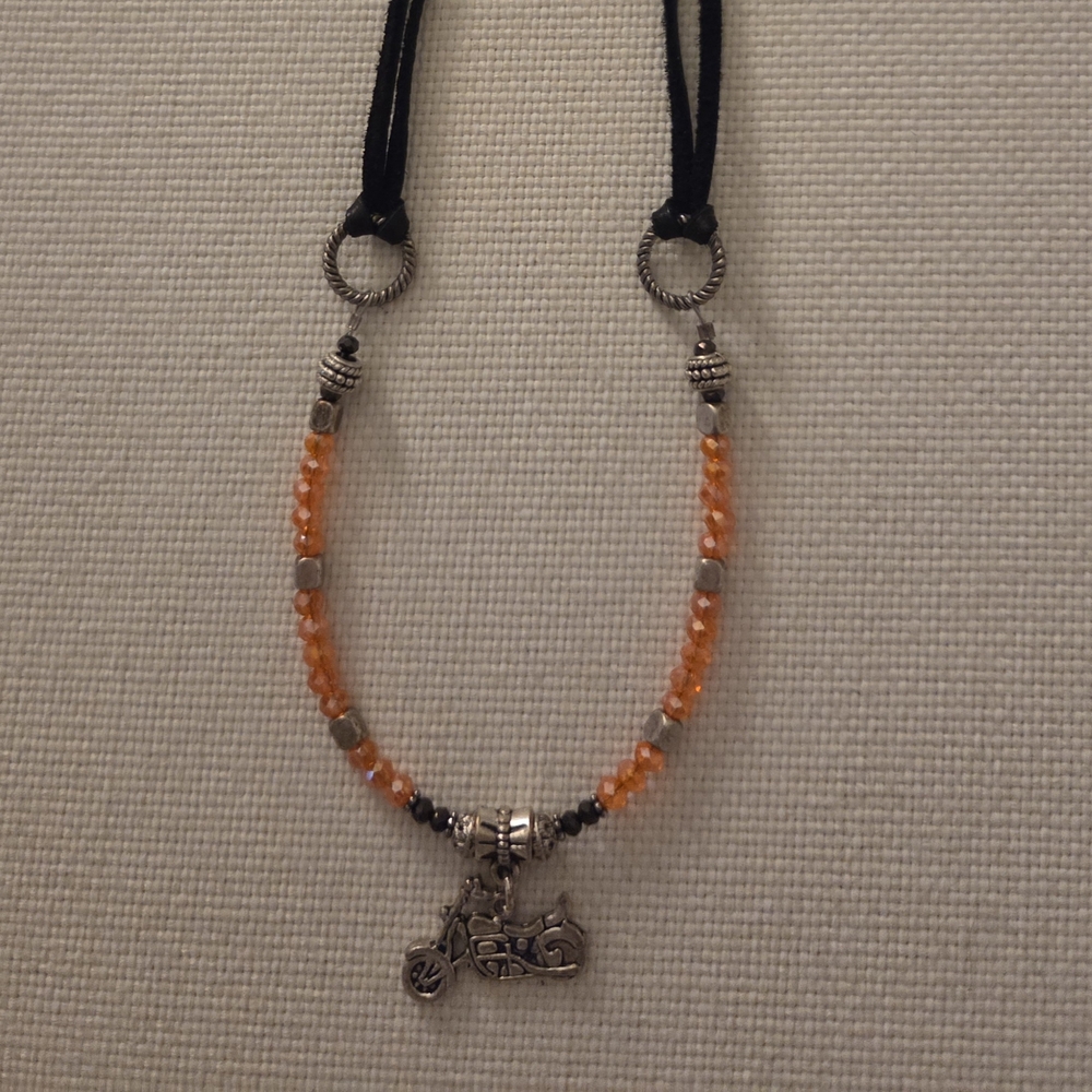 Orange Beaded Necklace with Motorcycle Charm